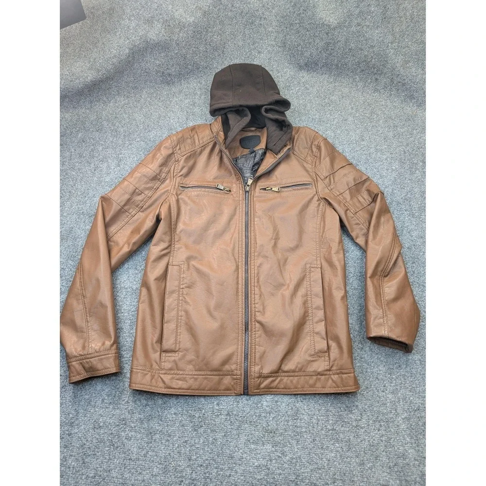 Urban Republic Jacket Mens Small Brown Faux Leather Hooded Moto Zip Pockets - Picture 1 of 12